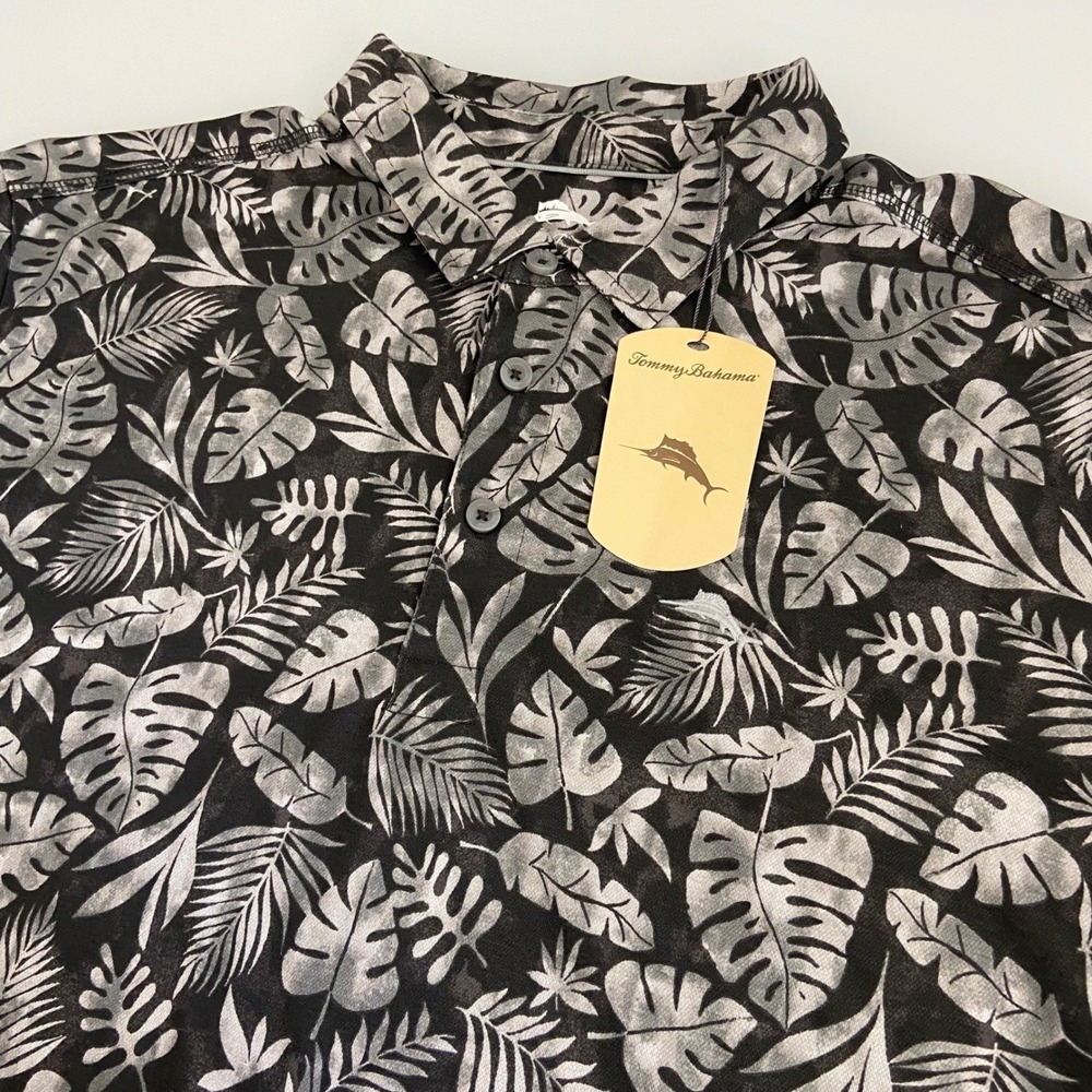 Tommy Bahama Tropical Palm Leaf Camp Shirt‎ Short Sleeve Black Polo XL NEW